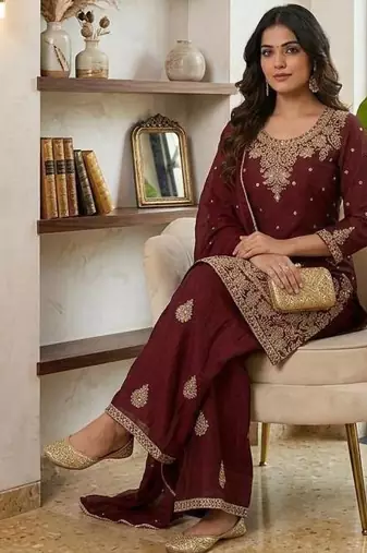 Red embroidered readymade suit
