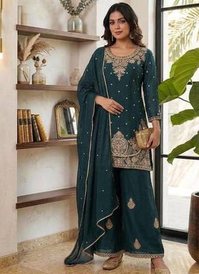 Teal embroidered readymade suit 1