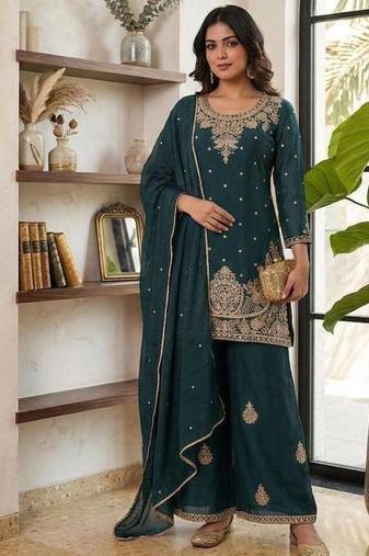 Teal embroidered readymade suit