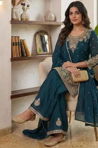 Teal embroidered readymade suit