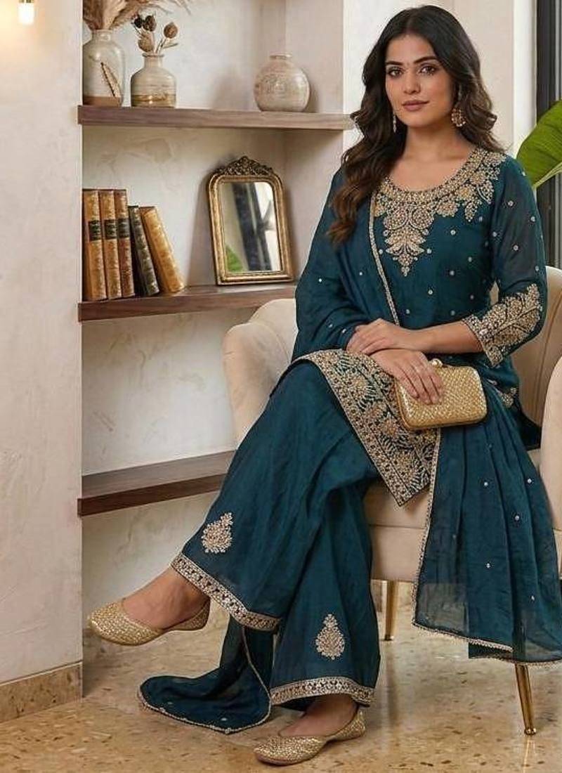 Teal embroidered readymade suit