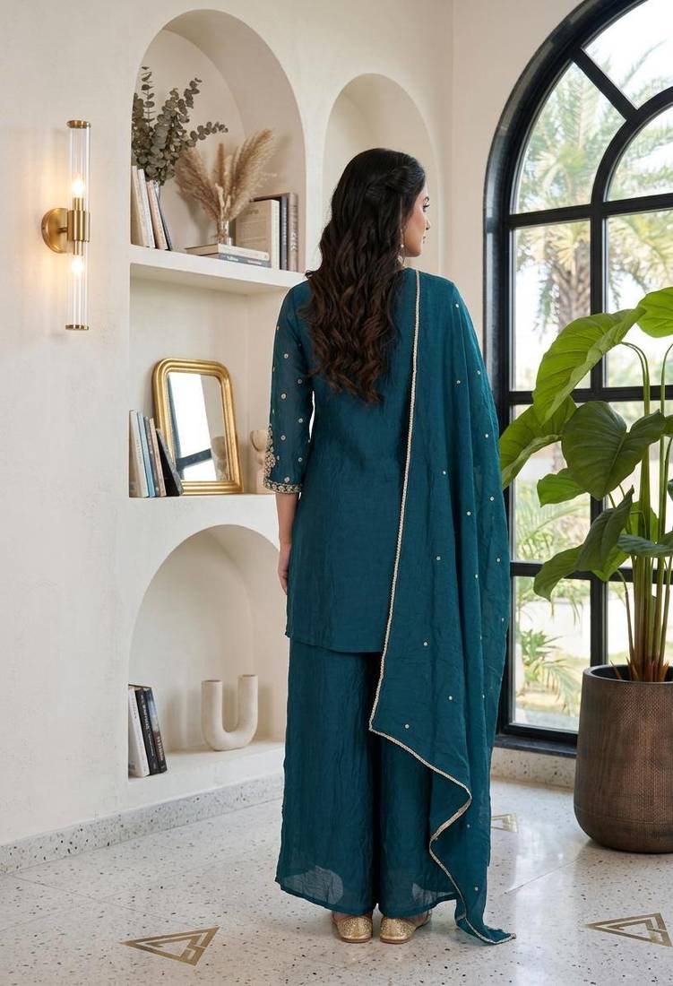 Teal embroidered readymade suit