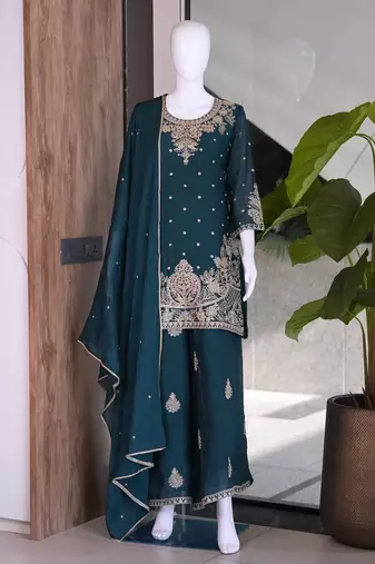 Teal embroidered readymade suit