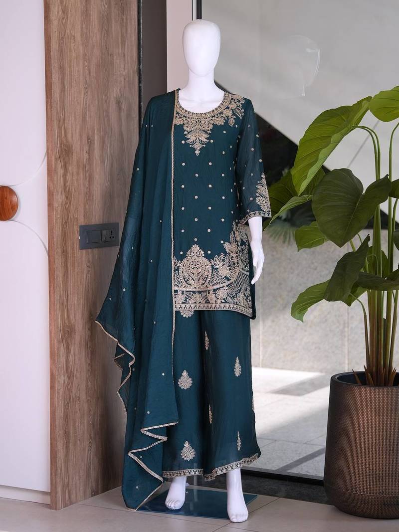 Teal embroidered readymade suit