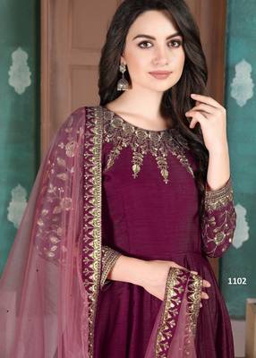 Premium Purple Art Silk Gown with Cord & Sequence Embroidery 2