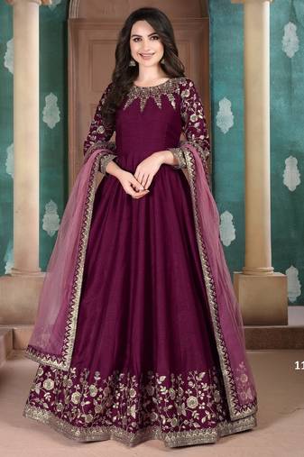 Premium Purple Art Silk Gown with Cord & Sequence Embroidery