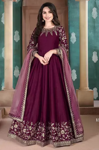 Premium Purple Art Silk Gown with Cord & Sequence Embroidery
