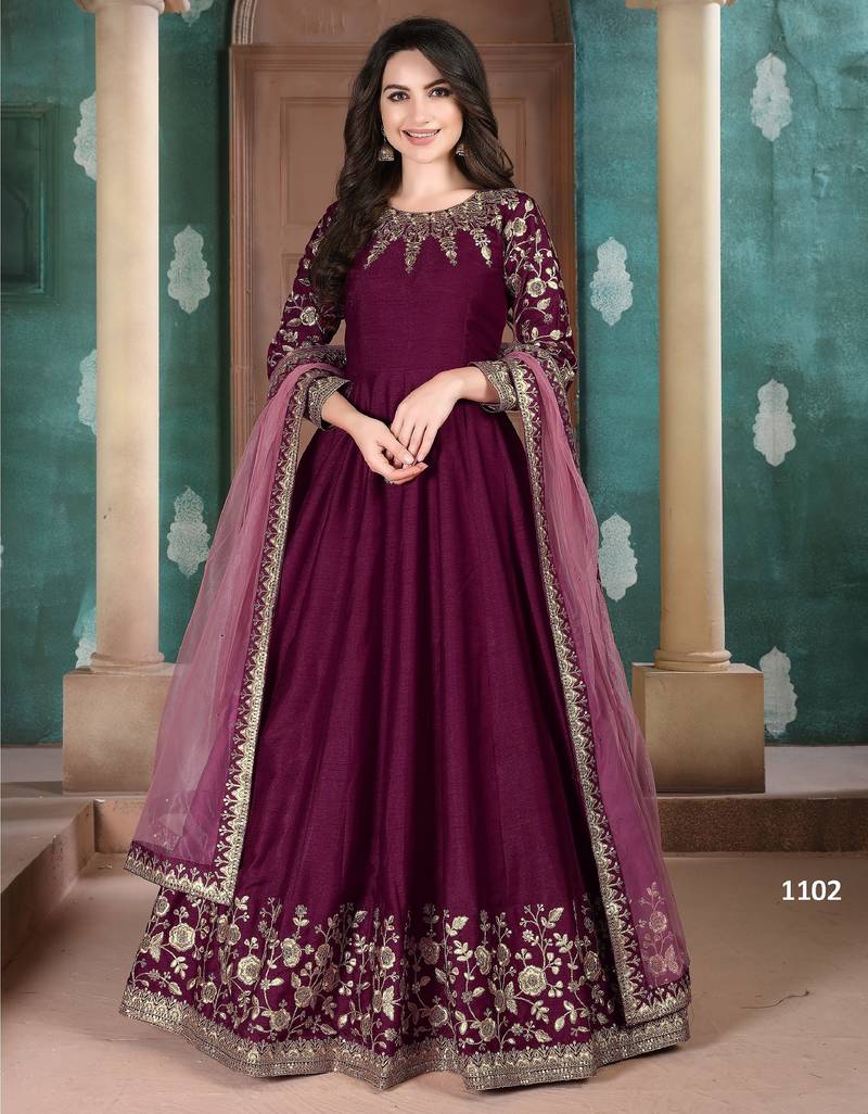 Premium Purple Art Silk Gown with Cord & Sequence Embroidery