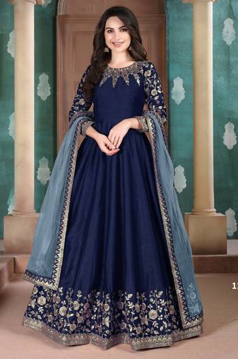 BLUE COLOR CORD SEQUNCE WORK ART SILK GOWN 