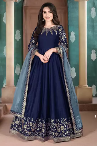 BLUE COLOR CORD SEQUNCE WORK ART SILK GOWN 