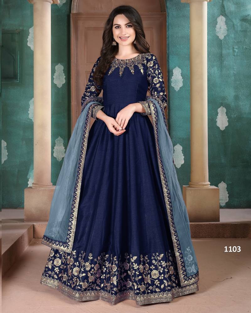 BLUE COLOR CORD SEQUNCE WORK ART SILK GOWN 