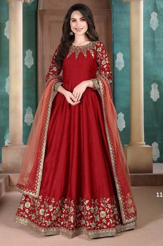 RED COLOR CORD SEQUNCE WORK ART SILK GOWN 