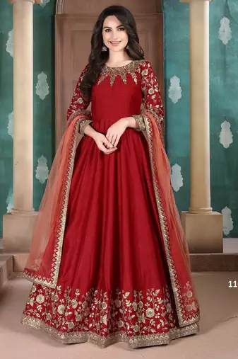RED COLOR CORD SEQUNCE WORK ART SILK GOWN 