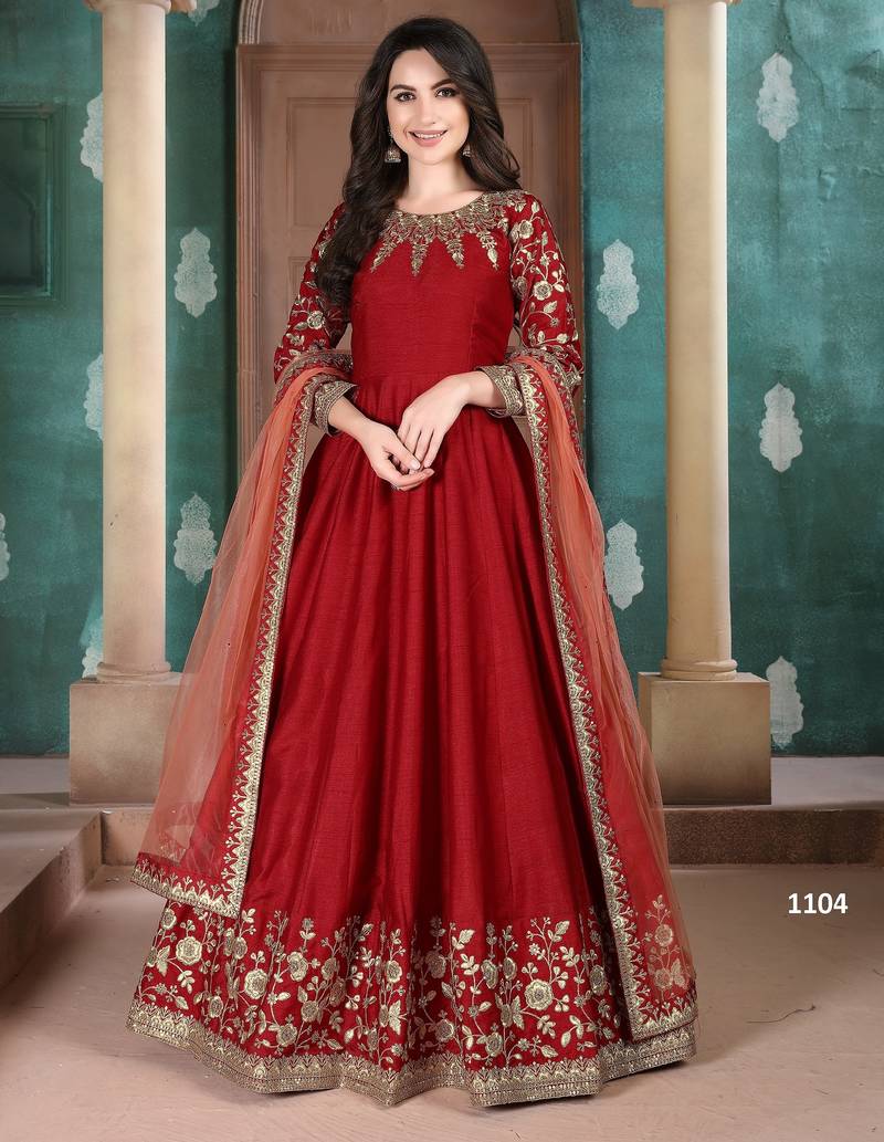 RED COLOR CORD SEQUNCE WORK ART SILK GOWN 
