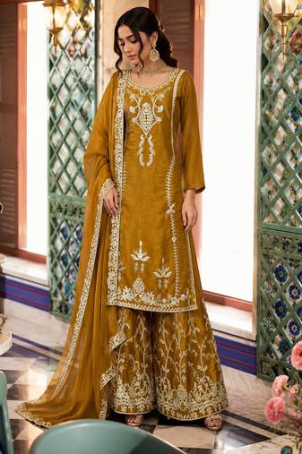 Designer jmc silk thread & sequence embroidered kurti plazoo set with dupatta