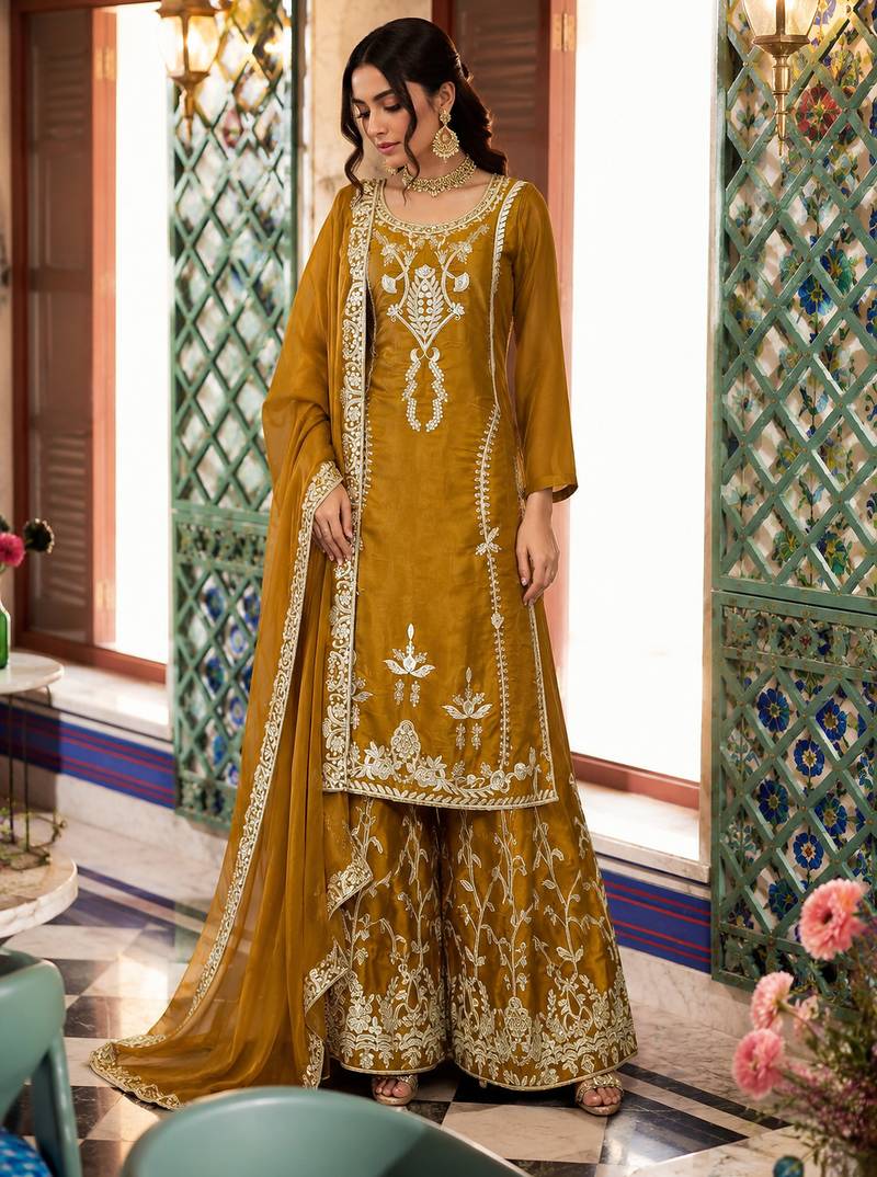  silk blend thread & sequins embroidered kurti palazzoo set with dupatta