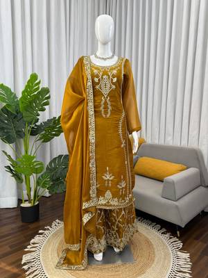Designer jmc silk thread & sequin embroidered kurti plazoo set with dupatta 2