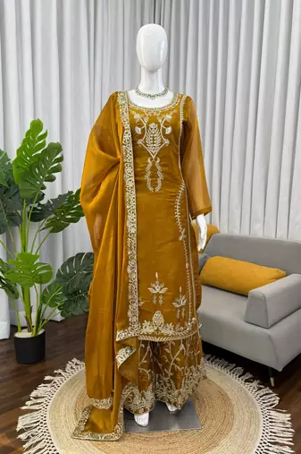 Designer jmc silk thread & sequin embroidered kurti plazoo set with dupatta