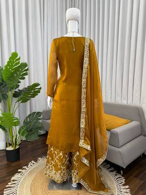Designer jmc silk thread & sequin embroidered kurti plazoo set with dupatta 3