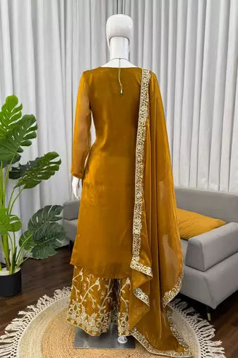 Designer jmc silk thread & sequin embroidered kurti plazoo set with dupatta
