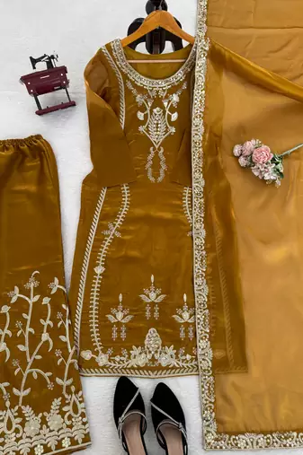 Designer jmc silk thread & sequin embroidered kurti plazoo set with dupatta