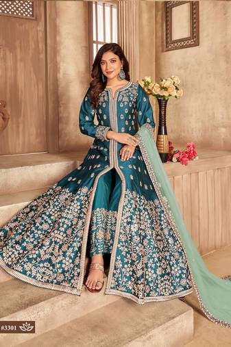 TEAL COLOR CORDING WORK ART SILK REAL MIRROR GOWN 