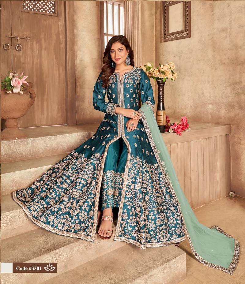 TEAL COLOR CORDING WORK ART SILK REAL MIRROR GOWN 