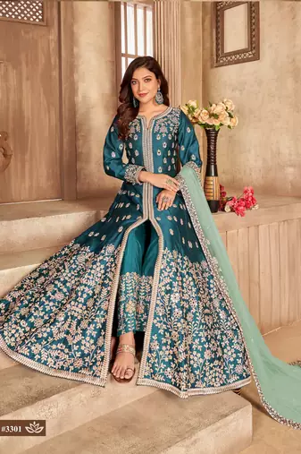TEAL COLOR CORDING WORK ART SILK REAL MIRROR GOWN 