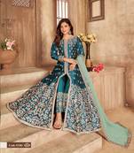 TEAL COLOR CORDING WORK ART SILK REAL MIRROR GOWN 