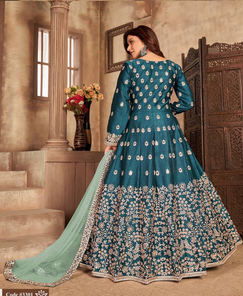 TEAL COLOR CORDING WORK ART SILK REAL MIRROR GOWN 