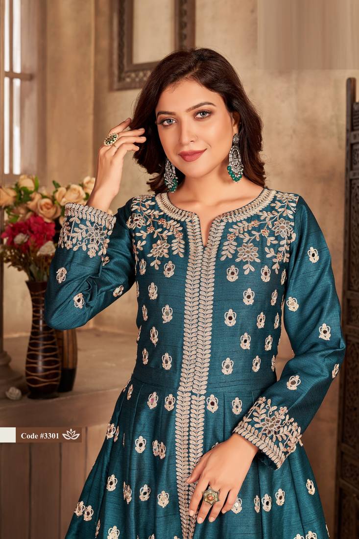 TEAL COLOR CORDING WORK ART SILK REAL MIRROR GOWN 