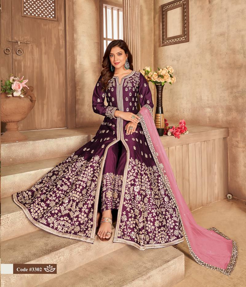  WINE COLOR CORDING WORK ART SILK REAL MIRROR GOWN 