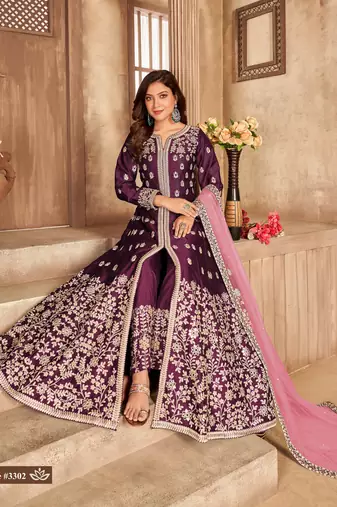  WINE COLOR CORDING WORK ART SILK REAL MIRROR GOWN 