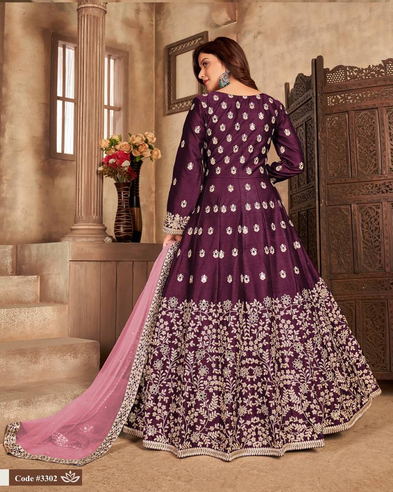  WINE COLOR CORDING WORK ART SILK REAL MIRROR GOWN 