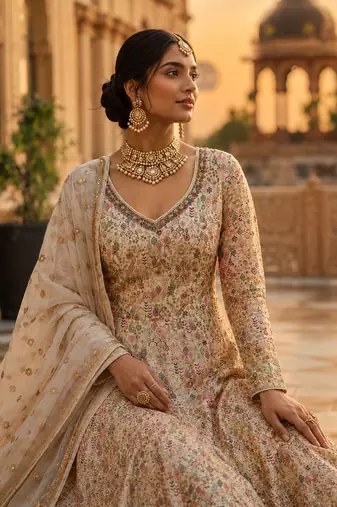 Beige Georgette Semi Stitched Anarkali Suit