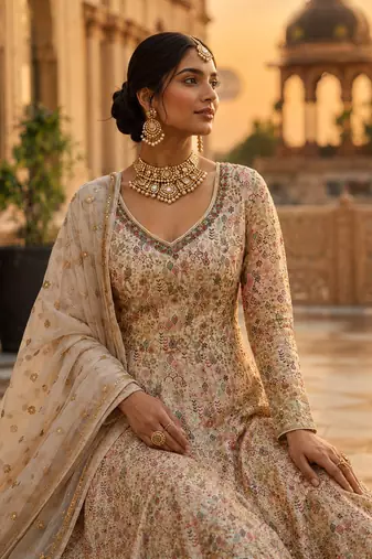Beige Georgette Semi Stitched Anarkali Suit