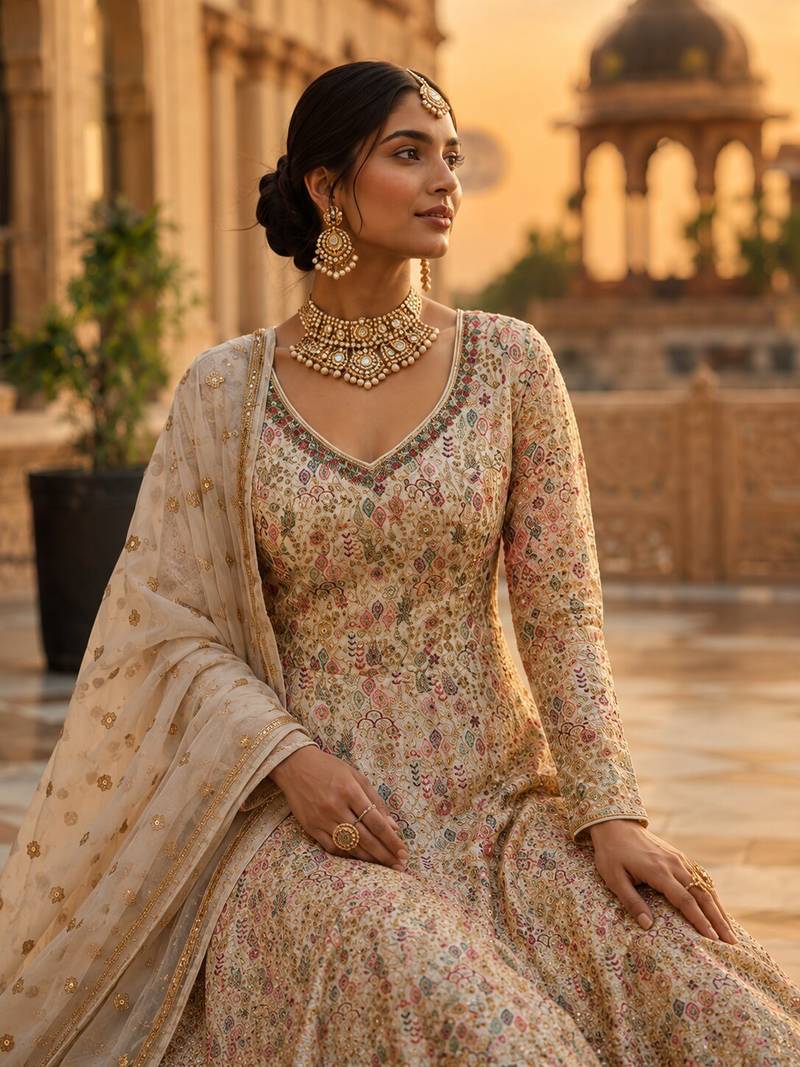 Beige Georgette Semi Stitched Anarkali Suit