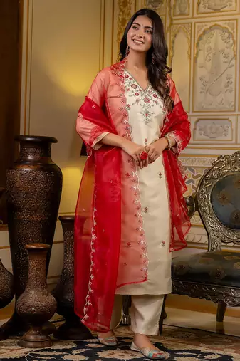 Floral embroidered silk v neck kurta trouser & dupatta set