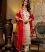 Floral embroidered silk v neck kurta trouser & dupatta set