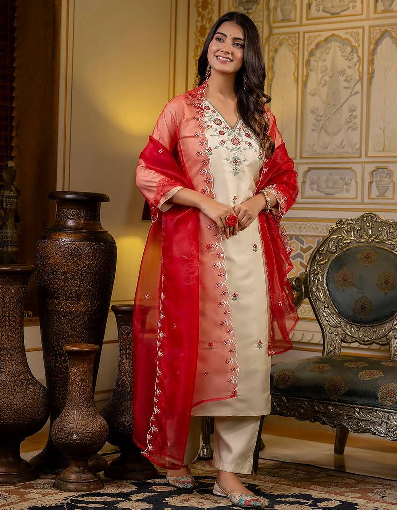 Floral embroidered silk v neck kurta trouser & dupatta set