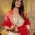 Floral embroidered silk v neck kurta trouser & dupatta set