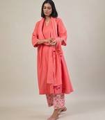 Peach cotton kurta set with printed pant