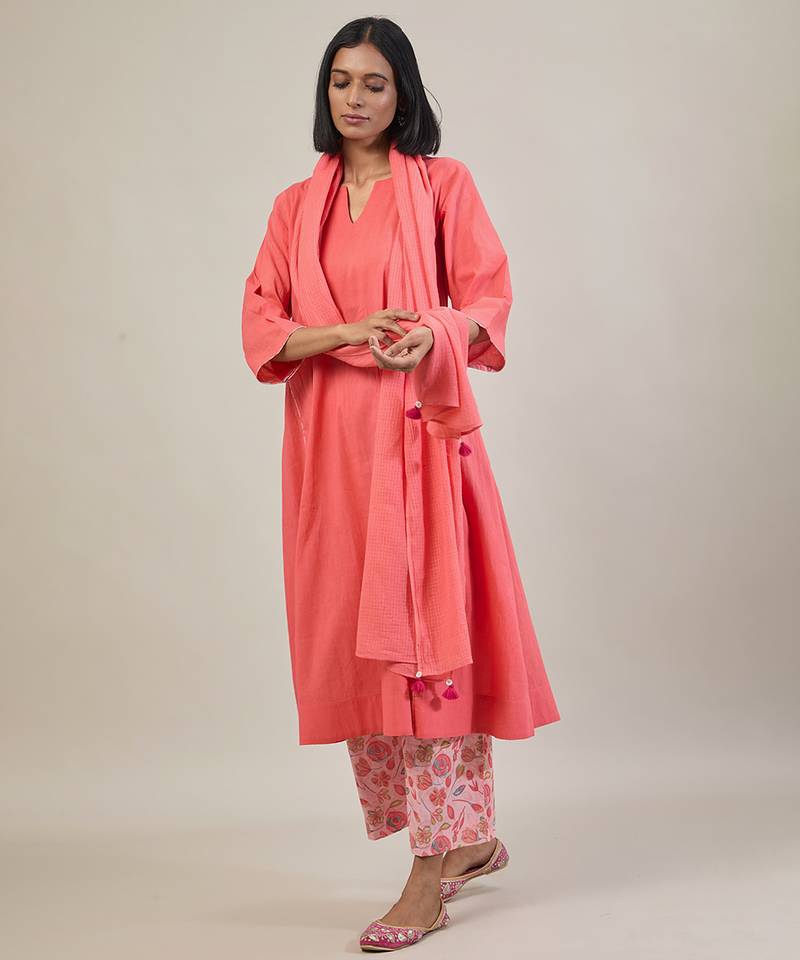 Peach cotton kurta set with printed pant