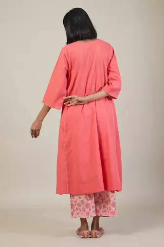 Peach cotton kurta set with printed pant