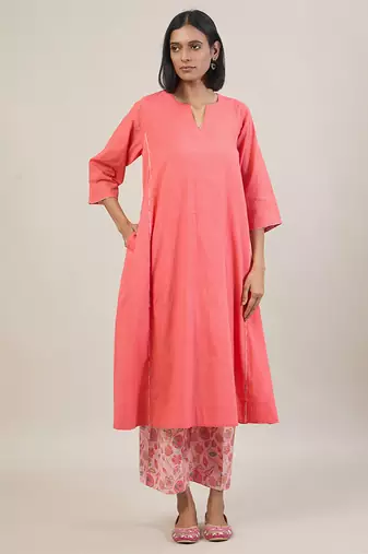 Peach cotton kurta set with printed pant