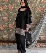 Designer heavy natural crepe farshi plazo suit set with embroidered dupatta
