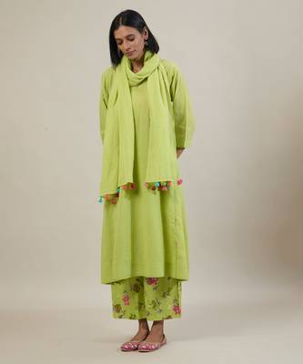 Lime green cotton kurta set with printed pant 1