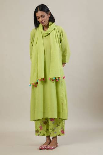 Lime green cotton kurta set with printed pant