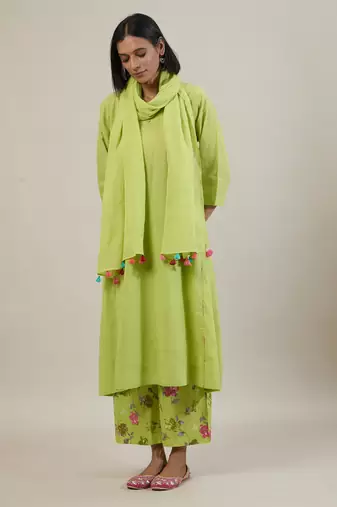Lime green cotton kurta set with printed pant