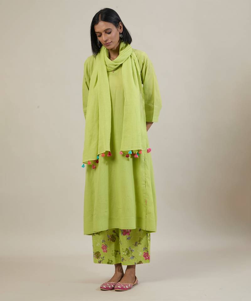 Lime green cotton kurta set with printed pant